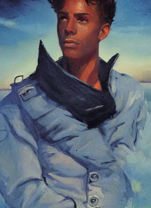 Prompt: portrait of young male sailor, night sky background, coherent! by brom, deep color, strong line, high contrast