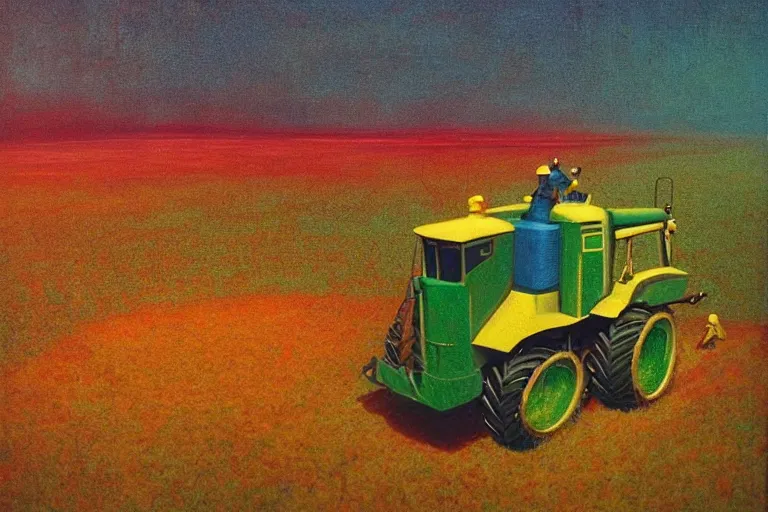 Image similar to john deere harvester, art by beksinski and pauline baynes, trending on artstation, iridescent cool blue and cyan and red and blue and yellow and green lighting camera view from above surrealism, very very intricate, concept art, fisheye lens, situationist international