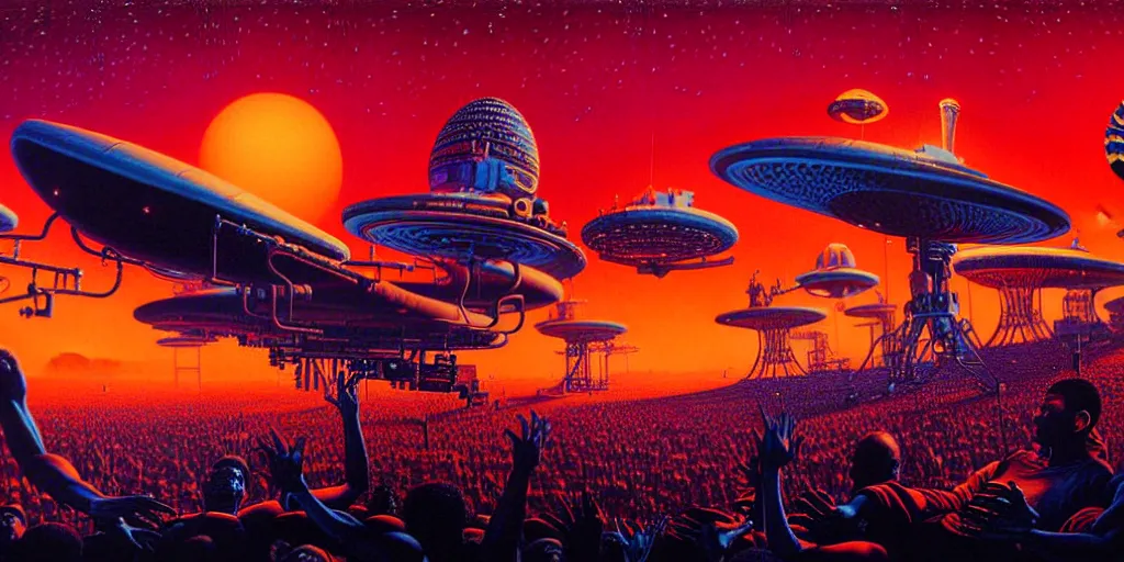 Prompt: a wide - angle detailed painting of fela performing on stage to millions of aliens, while spaceships cover the orange - colored sky, by bruce pennington, dan mumford.