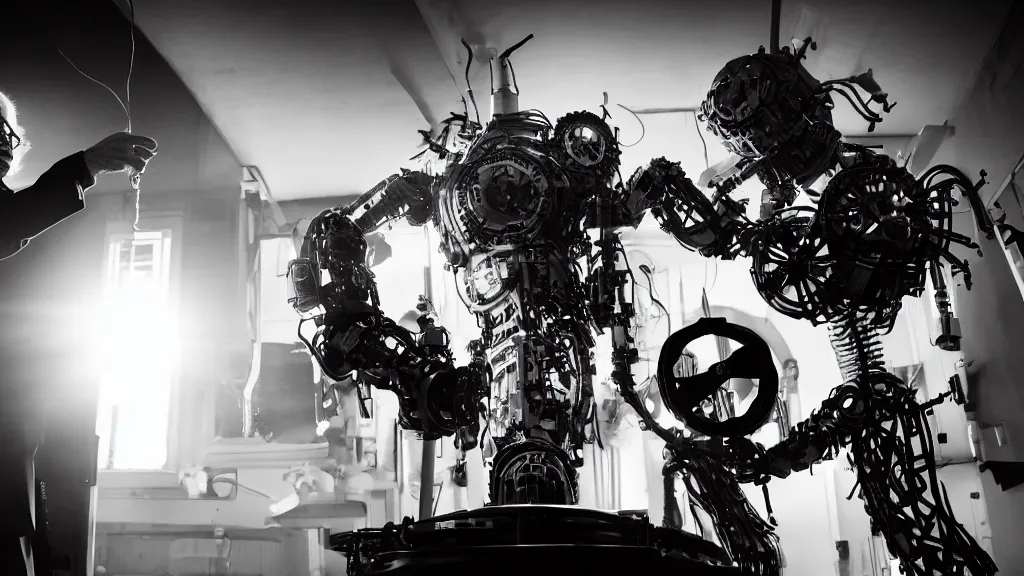 Image similar to bernie sanders putting the finishing touches on an intricate magical clockwork doomsday robot, black and white photo, cinematic moody lighting, sharp focus