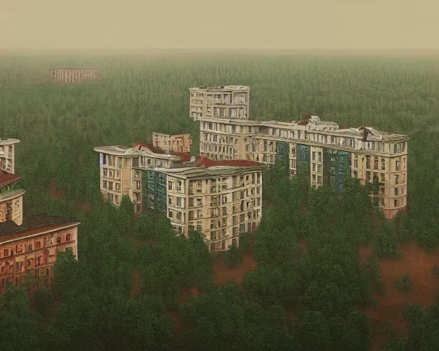 Image similar to beautiful matte painting of cute soviet block of flats hrushevka in end of forest by ivan shishkin, artstation, cinestill