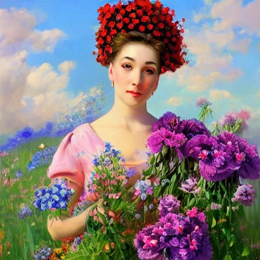 Image similar to a portrait of a romantic woman with flowers grow out of hair, roses peonies forget-me-nots dahlias lupins gladioli, sky theme in background, by Alexandr Averin, Digital Art, Trending on artstation