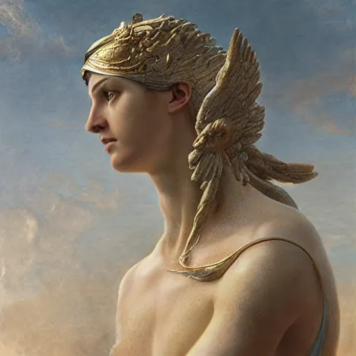 Image similar to From the head of Zeus birth of Athena, hyperrealism, no blur, 4k resolution, ultra detailed, style of Greg Rutkowski, Carlos Schwabe, Dragan Bibin, Carl Spitzweg, Georges Desvallières, Tyler Edlin