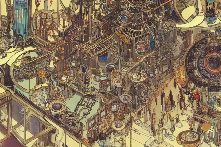 Image similar to top view on steampunk lab with big vapor tubes and alchemy equipment, kid and mad scientist working, giant video screens, sci - fi vending machine, clock, retrofuturism, concept art by mucha and moebius and victo ngai, clean line, diesel punk