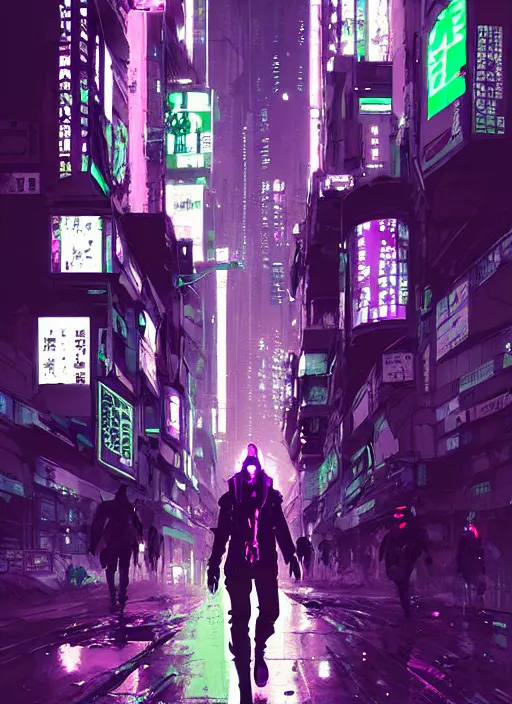 Prompt: cyberpunk metal hunters walking in shinjuku, green and purple hour by ismail inceoglu