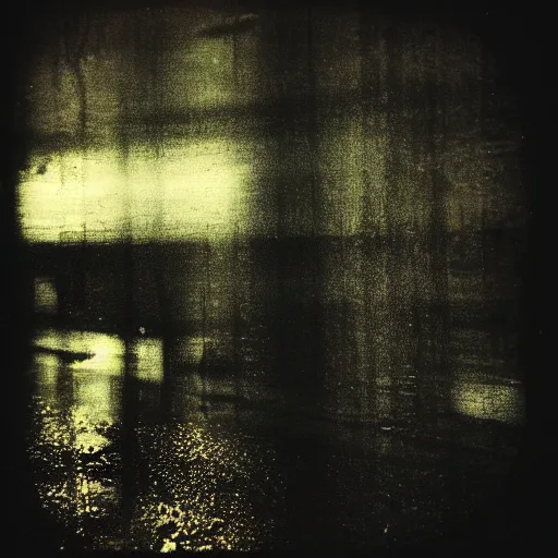 Prompt: pinhole photo of a night, silhouettes, threes, rain, reflection, double exposure, high contrast