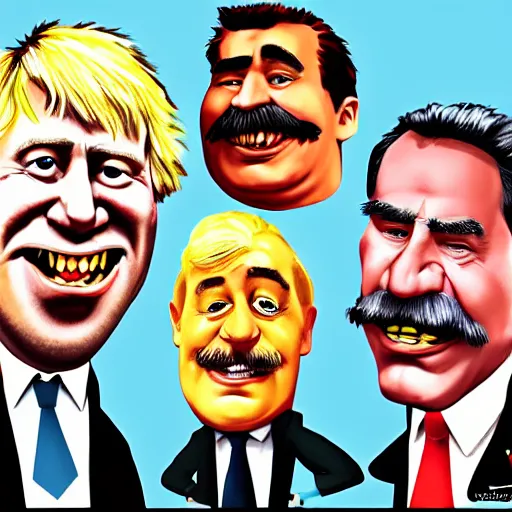 Image similar to boris johnson, stalin, shrek, joe baiden running in a spot. detailed high quality caricature