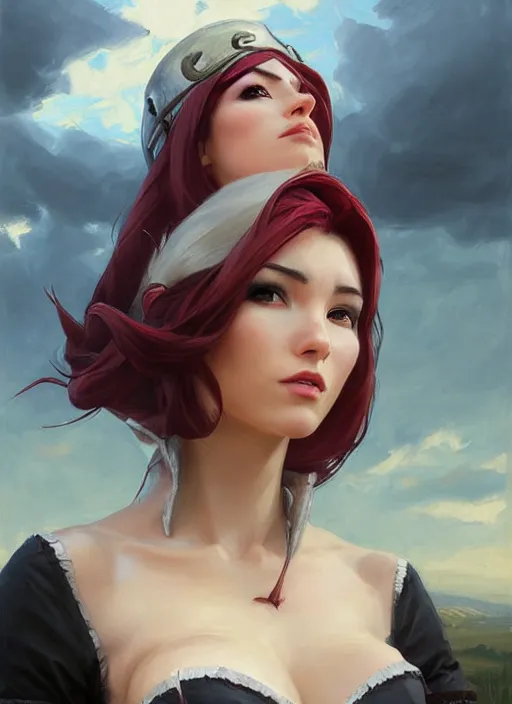 Prompt: portrait of Katarina from League of Legends in maid outfit, countryside, fantasy character portrait, dynamic pose, above view, view from above, sunny day, thunder clouds in the sky, artwork by Jeremy Lipkin and Giuseppe Dangelico Pino and Michael Garmash and Rob Rey, very coherent symmetrical artwork, perfect face, simple form, 100mm