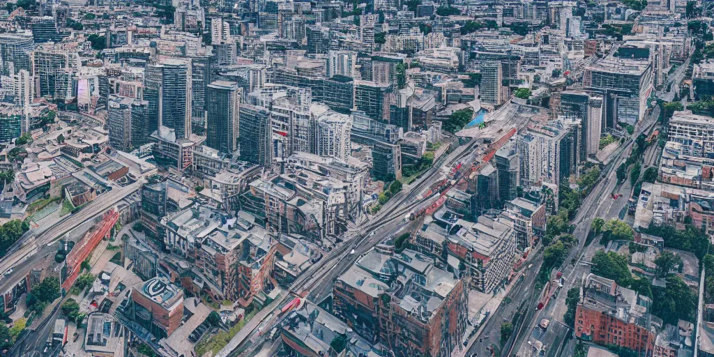 Prompt: drone view of a city with a large road through, Brutalist architecture,sharp focus,telephoto lens,digital art,John J. Park 4k