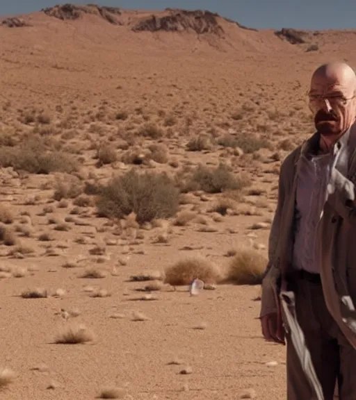 Prompt: walter white with a microphone in the desert, realistic, movie still, close up