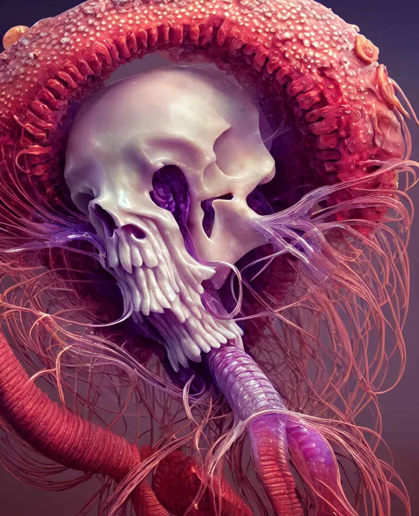 Image similar to goddess close-up portrait ram skull. jellyfish phoenix head, nautilus, orchid, skull, betta fish, bioluminiscent creatures, intricate artwork by Tooth Wu and wlop and beeple. octane render, trending on artstation, greg rutkowski very coherent symmetrical artwork. cinematic, hyper realism, high detail, octane render, 8k