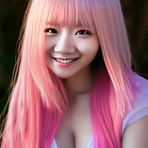 Prompt: beautiful hyperrealism selfie of nikki from shining nikki, a cute 3 d young woman smiling sofly, long light pink hair and full bangs, flushed face, small heart - shaped face, amber eyes, chinese heritage, golden hour, 8 k, instagram