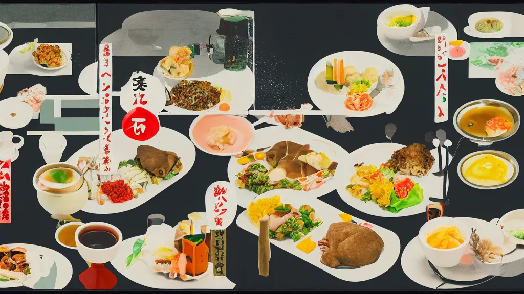 Image similar to tourist's meal on the bullet train, rural japan, a collage painting, in the style of wes anderson, lola dupre, david hockney, isolated on negative white space background dark monochrome neon spraypaint accents volumetric octane render