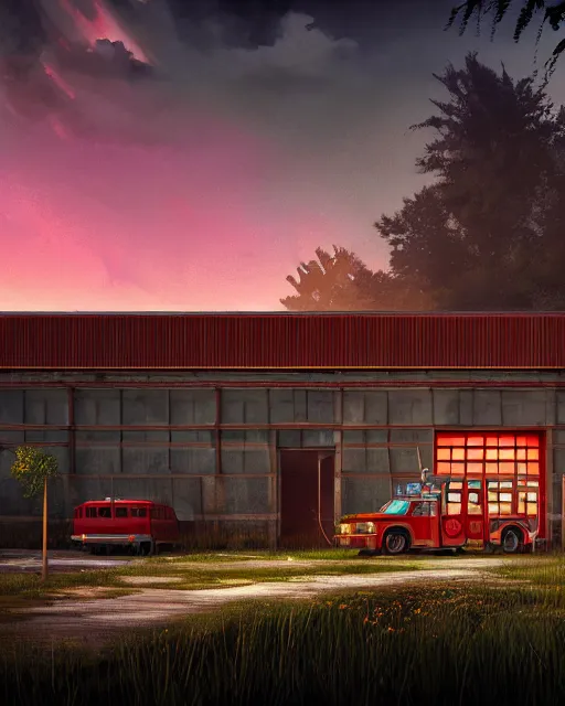 Image similar to a beautiful photorealistic illustration of urbex nature fire station building abandoned unfinished building by renzo piano, liberty city infrared cosmic at dusk neon signs at dawn otherworldly at fall azeroth meadow cgsociety vice city alien rainforest studio ghibli fantasy mercury lake retro, archdaily, wallpaper, highly detailed, trending on artstation.