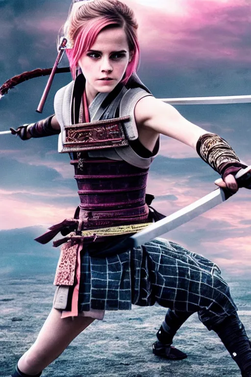 Image similar to highly detailed beautiful photo of emma watson as a young female samurai, practising sword stances, symmetrical face, beautiful eyes, pink hair, realistic anime art style, 8 k, award winning photo, pastels colours, action photography, 1 / 1 2 5 shutter speed, sunrise lighting