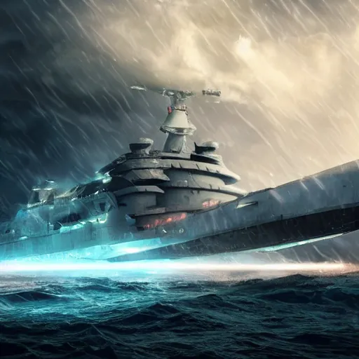 Image similar to semi futuristic warship being attacked by a sea monster, chaotic sea setting, ocean, unreal engine, octane render, cinematic, epic, rainy stormy night, chaotic, 8k, ultra detailed, Artstation, Trending on Artstation, Artstation HQ, Artstation HD, deviant art, Pinterest, digital art, reflections,