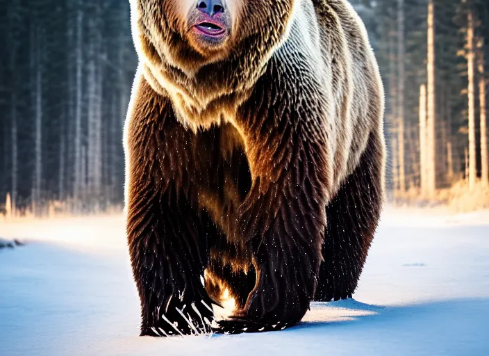Prompt: portrait photo of chuck norris riding his ( real life! fluffy grizzly bear ), to work at dawn. fantasy magic style. highly detailed 8 k. intricate. lifelike. soft light. sony a 7 r iv 5 5 mm. nature photography.