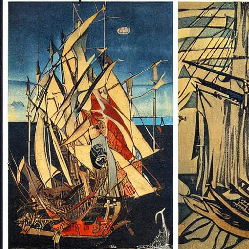 Image similar to a very chaotic naval battle, pirate and medieval ship, colored woodcut, poster art, by Mackintosh, art noveau, by Ernst Haeckel, by Tamara de Lempicka