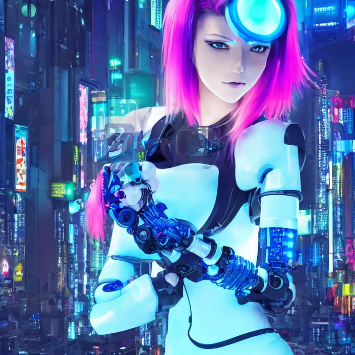 Prompt: high quality 3 d render of an anime cyborg girl with bright neon blue hair and a robotic arm, standing in a street below massive modern skycrapers in a cyberpunk city, all neon colors, fish eye lens.