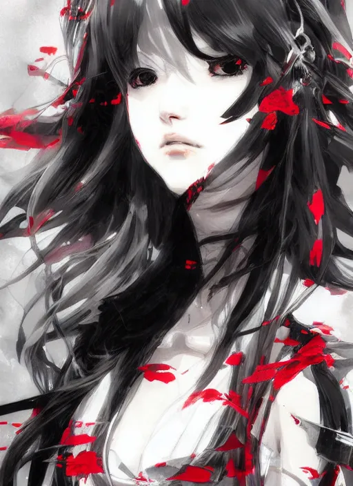 Prompt: highly detailed portrait of a beautiful anime girl with long black hair and bangs, by Dustin Nguyen, Akihiko Yoshida, Greg Tocchini, Greg Rutkowski, Cliff Chiang, 4k resolution, nier:automata inspired, bravely default inspired, vibrant but dreary red, black and white color scheme!!!