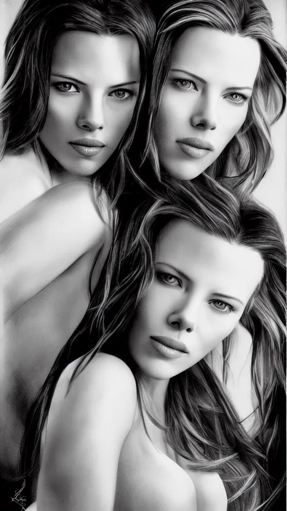 Image similar to shy scarlett johansonn and kate beckinsale poster, grayscale, uniform, photo realistic