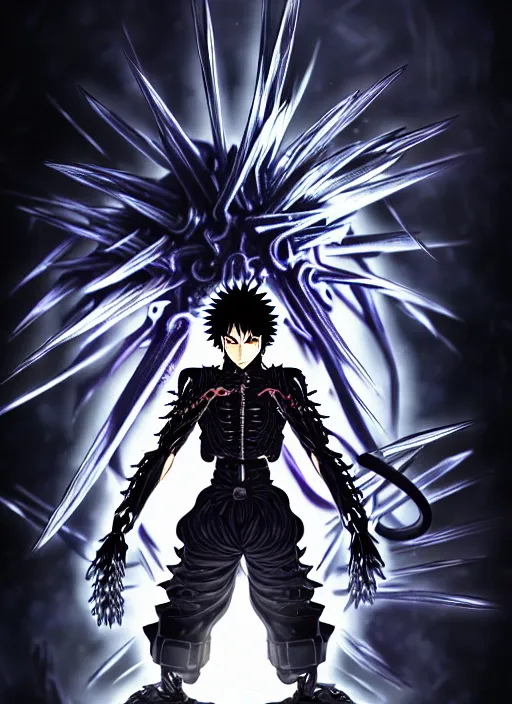 Image similar to a detailed manga full body portrait illustration of a dark spiky haired cyborg anime man surrounded by dark steam by hirohiko araki, detailed artwork, realism, 4 k resolution, detailed, high quality, sharp focus, hq artwork, insane detail, volumetric lighting, character concept art, fine details, clear subject, central subject