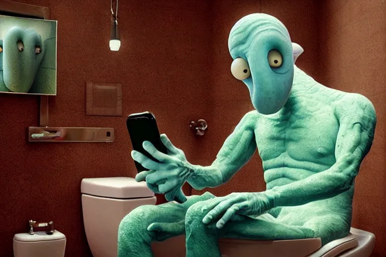 Prompt: hyperrealism aesthetic ridley scott and denis villeneuve style photography of a detailed giant squidward, siting on a detailed ultra huge toilet and scrolling his smartphone in hyperrealism scene from detailed art house movie in style of alejandro jodorowsky and wes anderson