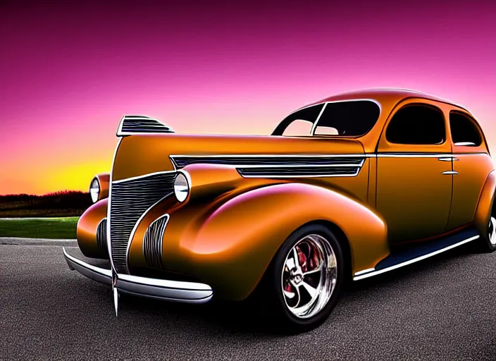 Image similar to beautiful painting, 1 9 3 7 pontiac sedan, two tone, tan with dark brown fenders, california background, sunset, dramatic lighting