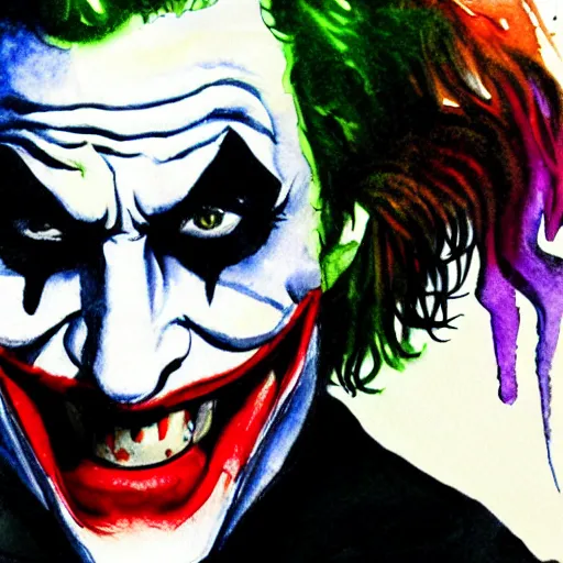 Image similar to the joker watercolor drawing, in the style of greg rutowski, hyper detailed