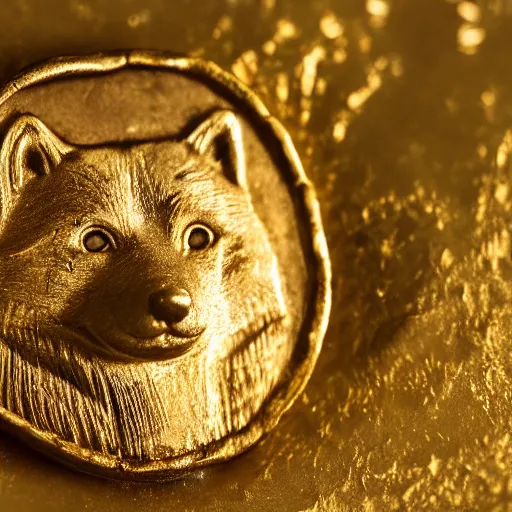 Image similar to an ancient roman gold coin with the face of a shiba inu, close up photo, ultra realistic, studio photo, bokeh.