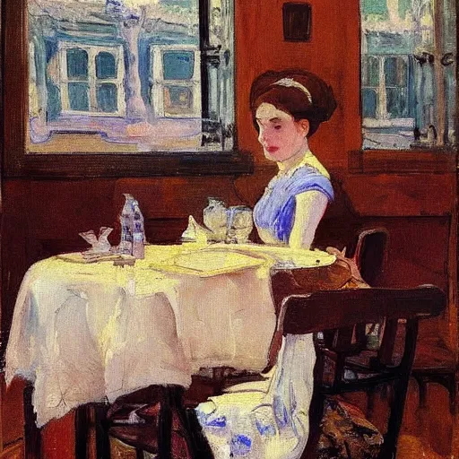 Image similar to a young beautiful lady is sitting at the table, in style of Valentin Serov,