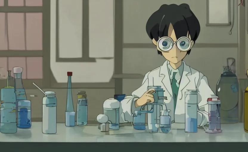 Prompt: a very dull interior shot still from ponyo ( 2 0 0 8 ) of a young skinny scientist alone in his lab. bubble. close up on the faces, perfect art, grimdark, trending on pixiv fanbox, painted by studio ghibli