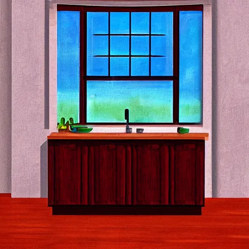 Image similar to kitchen, with cabinets in background, sunrise, large round window, digital art, cartoon