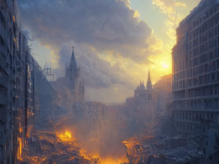 Image similar to , city of munich!!!, nuclear explosion!!!, rubble, hyperrealistic, highly detailed, cinematic, single ray of golden sunlight, beautiful, cgssociety, artstation, 8 k, oil painting by greg rutkowski, by artgerm, by wlop