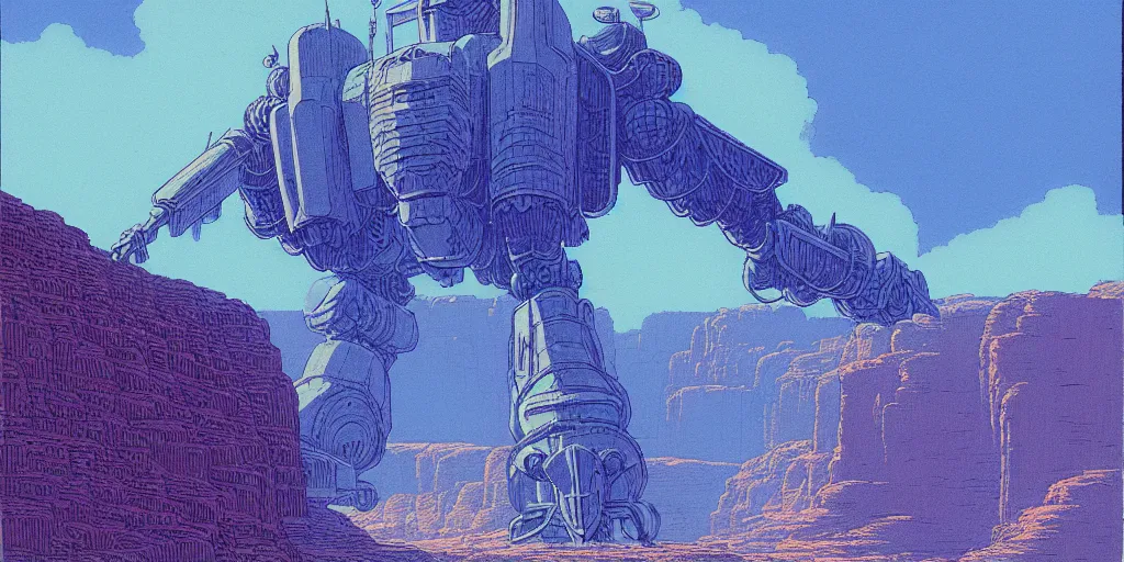 Prompt: grainy risograph matte painting of gigantic huge mech with huge swords, pastel matte colors, staying in the toxic blue canyon, by moebius, hyperrealism, intricate detailed