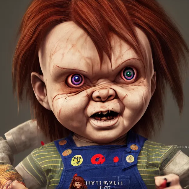 Image similar to chucky the doll, centred, very long hair, hd, hyperdetailed illustration by irakli nadar, intricate linework, bright colors, octopath traveler, final fantasy, unreal engine 5 highly rendered, global illumination, radiant light