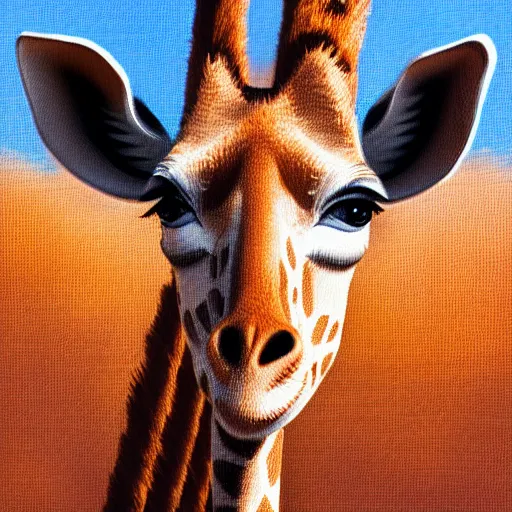 Image similar to Geoffrey the giraffe plush face, dynamic lighting, cinematic, establishing shot, extremely high detail, shining, photo realistic, cinematic lighting, intricate line drawings, 8k resolution, oil painting on canvas