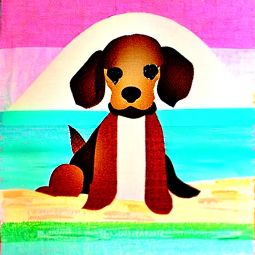 Image similar to cute brown spaniel by the seaside, parasols, bright towels, geometric, pop, sketch, artwork