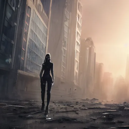 Prompt: a very detailed digital image of a futuristic woman in a post-apocalyptic city, extremely detailed woman, stunning volumetric lighting, hyper realism, fantasy 4k