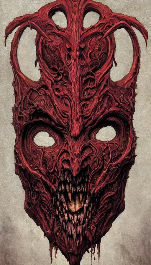 Prompt: Doom themed painting of horrifying crimson king horned symmetrical maniacal grin fallen angel face mask pattern concept, infinity glyph, intricate artwork by, Johnatan Wayshak, Zdizslaw Beksinski, Ayami Kojima, Amano, Karol Bak, Greg Hildebrandt, and Mark Brooks, Neo-Gothic, gothic, rich deep colors, art by Takato Yamamoto, masterpiece, face by Artgerm, H.R. Giger, very coherent artwork, cinematic, hyper realism, high detail, octane render, unreal engine, 8k, High contrast, golden ratio, trending on cgsociety, ultra high quality model, production quality cinema model