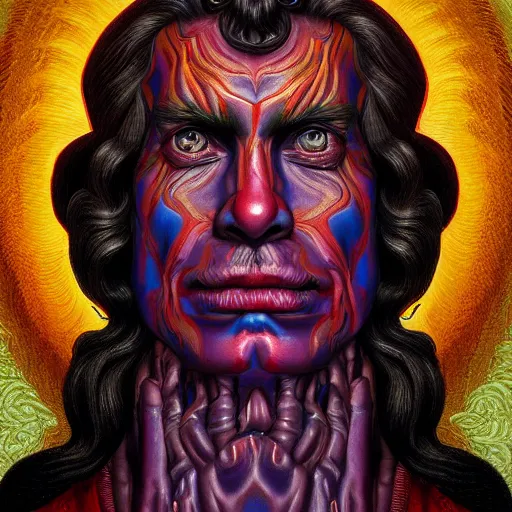 Prompt: intricate five star god hades facial portrait by casey weldon, oil on canvas, hdr, high detail, photo realistic, hyperrealism, matte finish, high contrast, 3 d depth, centered, masterpiece, vivid and vibrant colors, enhanced light effect, enhanced eye detail, artstationhd