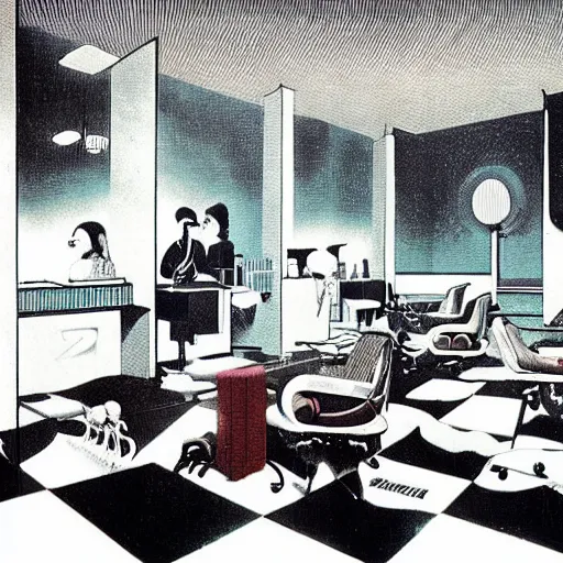 Image similar to The cheerful interior of a beauty parlor, by Karel Thole, trending on pixiv