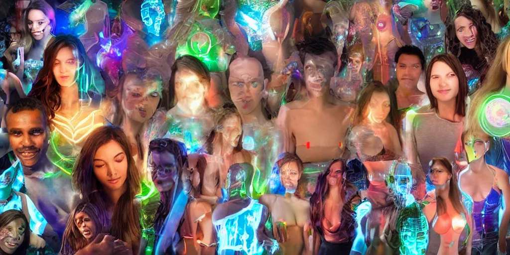 Image similar to diverse groups of humans with glowing electronic body implants projecting amazing 3D graphics, from behind, rebirth, beauty, wide angle, elaborate, wet, highly detailed, colors, beautiful lighting