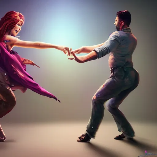 Prompt: A hyper real comic book style portait painting of two persian cats dancing salsa, unreal 5, hyperrealistic, octane render, cosplay, RPG portrait, dynamic lighting