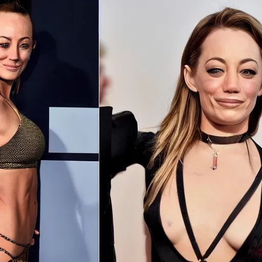 Image similar to a woman who is a genetic combination of jean claude van damme and emma stone and kaley cuoco and karen - delaney and ariana grande, body - face detail, focus on hands, arms, thighs, chest, full figure