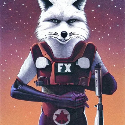 Prompt: a portrait of fox mccloud posing proudly, suspenseful, anthropomorphic furry art, star fox, by jim burns, vincent di fate, and peter elson
