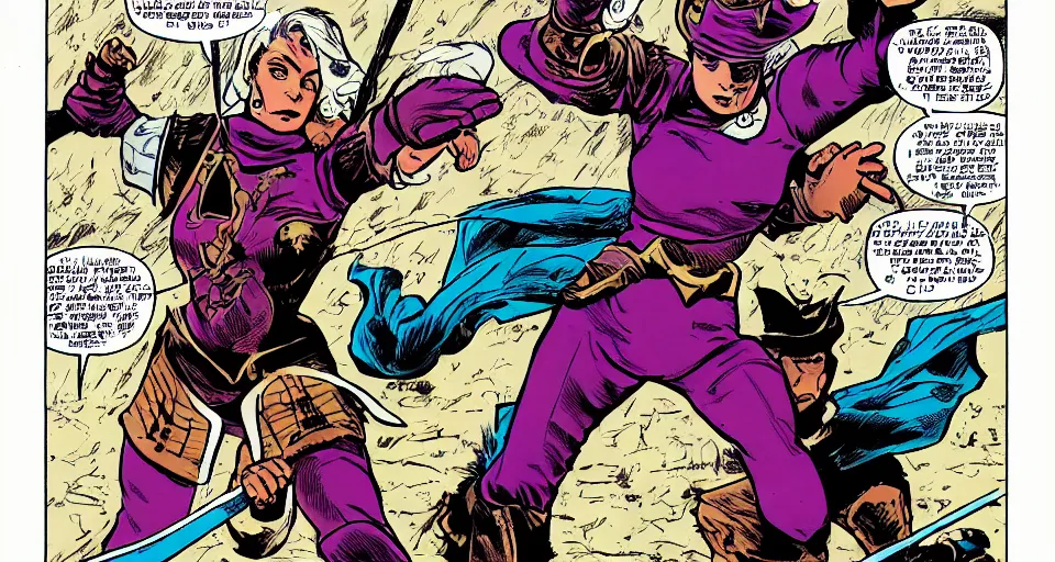 Image similar to Alicia Vikander as a mage fighting a knight a comic book panel by Jack Kirby