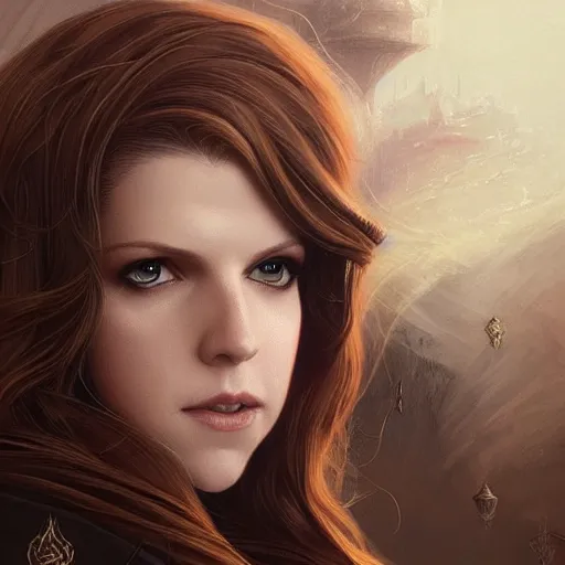 Image similar to a portrait of anna kendrick as a sorceress, urban motifs, intricate, elegant, highly detailed, digital painting, trending on artstation, concept art, smooth sharp focus, illustration, art by artgerm and greg rutkowski