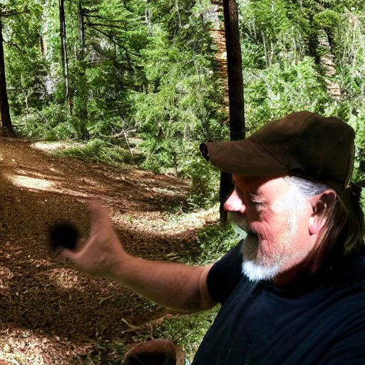 Prompt: robert wyatt scaring off a bear, trail cam