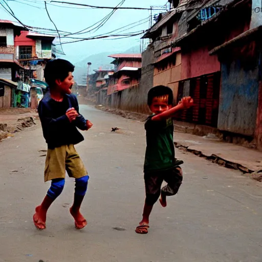 Prompt: 1 9 9 0 s streets of kathmandu, boys playing on the streets